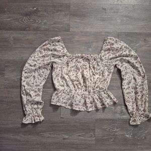 Floral Square-Neck Peplum Blouse in Cream